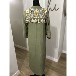 Soft Surroundings Dress Olive Floral Embroidered Back Tassels Boho Festival XS